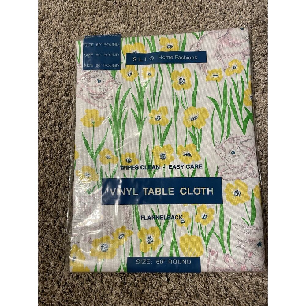S.L.I. HOME FASHIONS FLANNELBACK VINYL TABLE CLOTH Floral And Bunnies New